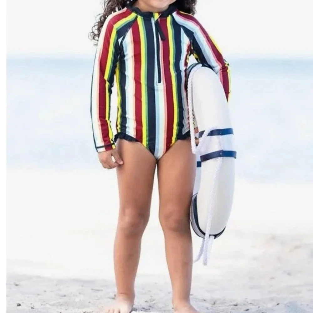 RuffleButts Girls Sunset Stripe LS One Piece Rash Guard Swim 16 NEW - flaws